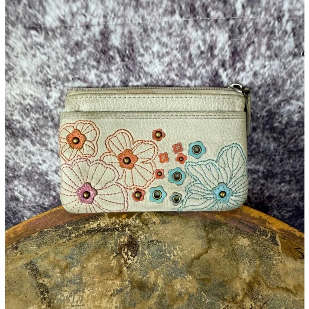 Leather Wallet Cream Floral‎ Embroidered Zip Small Keychain Boho Card Case